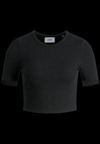 Maglietta corta nera a coste con scollatura rotonda e maniche corte. Design semplice e tessuto morbido con una leggera texture.