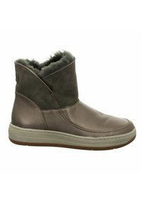 Braune Leder-Stiefelette mit grauen Wildlederakzenten, einem weichen Kunstfellfutter am oberen Ende, glatter Oberfläche und flexiblem Gummisohle.