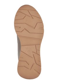 Suola di una scarpa: materiale gommoso, colore marrone chiaro, con texture a zigzag e loghi, forma arrotondata con marcature laterali.