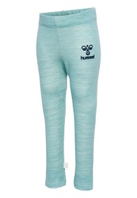 Akvablå leggings gjorda av mjukt, texturerat tyg, med en broderad svart "hummel"-logotyp på vänster lår och en snug passform.