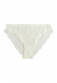 Witte kanten ondergoed met een bloemenpatroon, voorzien van een zachte tailleband en golvende randen, aangevuld met een glad centraal paneel.