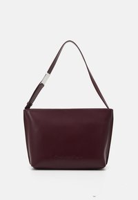 Burgundy leather shoulder bag with a silver accent on the adjustable strap and embossed logo on the front, featuring a rectangular shape.