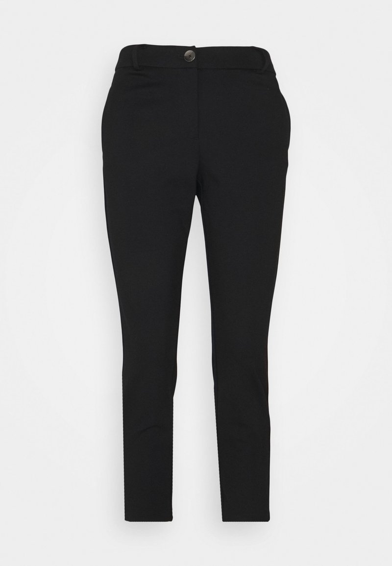 Pantalon noir slim avec fermeture à bouton à la taille et poches latérales, présenté sur un fond blanc uni.