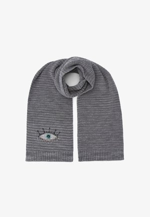 Grijze geribbelde sjaal met een decoratief oogmotief, versierd met kralen en pailletten. Zachte textuur, verlengde rechthoekige vorm.