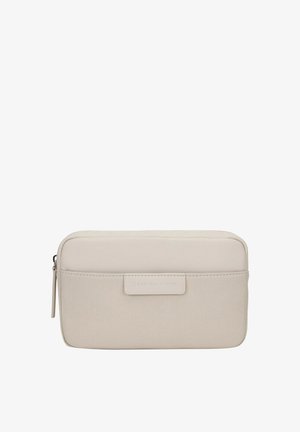 Beige ritstas gemaakt van textiel. Heeft een glad bovenpaneel en een klein logo-label in het midden. Rechthoekige vorm.