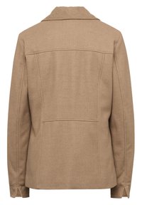 Bruine wolmix jas met een notch-kraag, mouwen tot halverwege de arm en decoratieve stiksels, voorzien van twee achterzakken. Glad textuur.