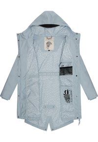 Light blue rain jacket with a hood, featuring a patterned lining, multiple interior pockets, and a decorative logo on the inside.