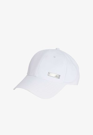 White baseball cap made from smooth fabric, featuring a curved visor and a silver metal accent on the front panel for branding.