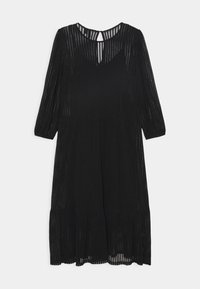 Robe midi noire à manches longues avec rayures verticales semi-transparentes, encolure goutte d'eau et ourlet à volants.