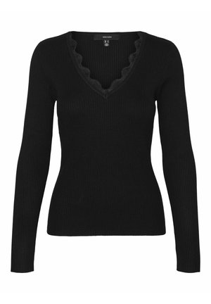 Black ribbed long-sleeve sweater with a scalloped V-neckline and fitted silhouette. Smooth texture and minimal detailing on fabric.