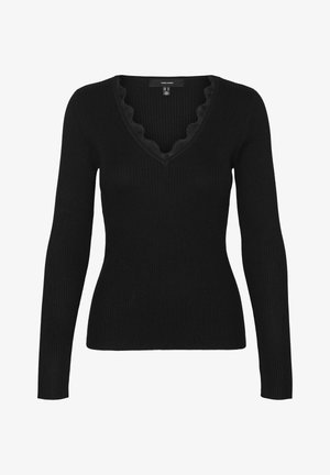 Black ribbed long-sleeve sweater with a scalloped V-neckline and fitted silhouette. Smooth texture and minimal detailing on fabric.