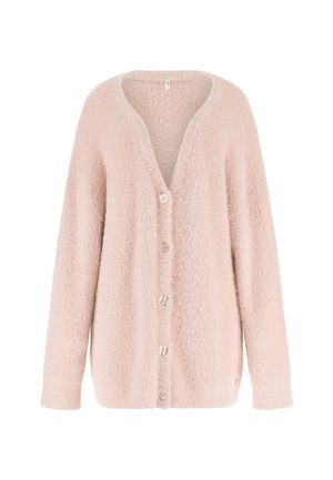 Hele roosa kardigan, millel on V-kaelus, pikad varrukad ja pehme, tekstureeritud kangas. Esiosas on viis nupuvajutust.