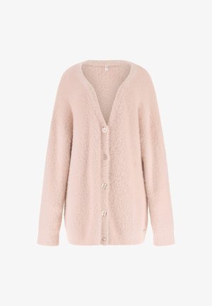 Svetloružový kardigán s výstrihom do V, dlhými rukávmi a mäkkou, textúrovanou látkou. Má päť gombíkov pozdĺž prednej časti.