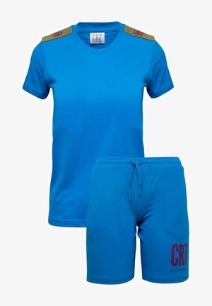 Blue cotton t-shirt with shoulder accents and a matching pair of shorts featuring a drawstring. Shorts have "CR7" printed in dark red.