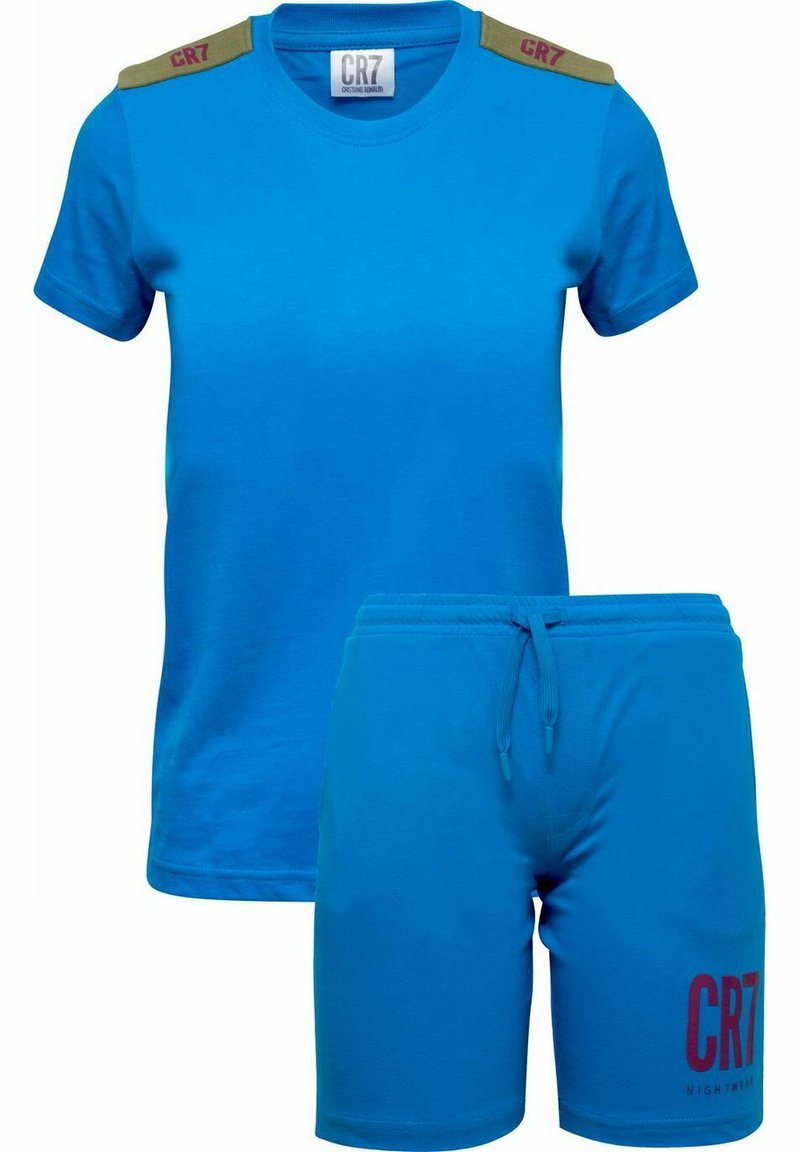Blå bomulds t-shirt med skulderdetaljer og et matchende par shorts med snor. Shortsene har "CR7" trykt i mørkerød.