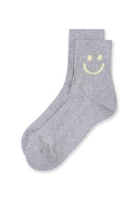 Szare skarpetki bawełniane o prążkowanej teksturze z żółtym wzorem uśmiechniętej buźki z przodu. Standardowa wysokość kostki z zaokrąglonym palcem.