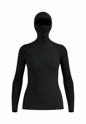 Black full-coverage garment featuring a textured knit design, high collar, and fitted sleeves. Seamless finish with a face opening and no visible hardware.