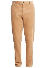 Pantalon beige en velours côtelé avec un motif côtelé texturé, doté d'une fermeture par bouton et d'une taille standard. Coupe droite.