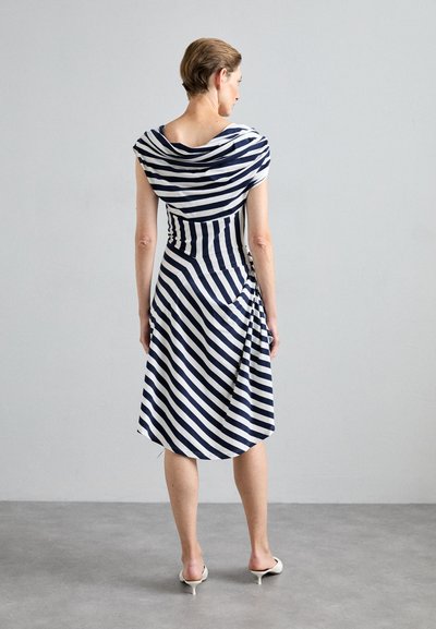 Sinead Gorey HACIENDA STRIPE ASYMMETRIC DRAPED HIGH LOW DRESS - Rochie cocktail/Rochie petrecere - white/navy