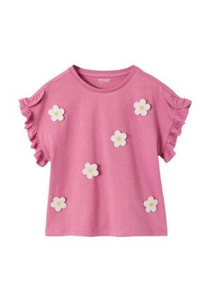 Rosafarbenes kurzärmeliges Kleinkind-Oberteil mit Rüschenärmeln und sechs weißen Gänseblümchenapplikationen mit gelben Zentren, die vorne verteilt sind.