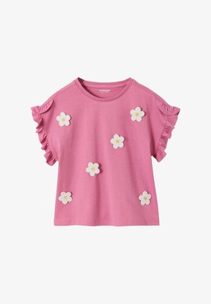 Rosafarbenes kurzärmeliges Kleinkind-Oberteil mit Rüschenärmeln und sechs weißen Gänseblümchenapplikationen mit gelben Zentren, die vorne verteilt sind.