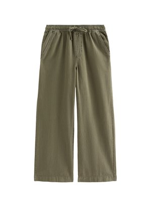 Pantalon large vert olive avec taille élastique, cordon de serrage et poches latérales, en tissu doux.