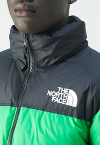 Crna i zelena zip-up jakna s visokim ovratnikom. Ima istaknut bijeli logo na prsima i teksturiranu tkaninu.