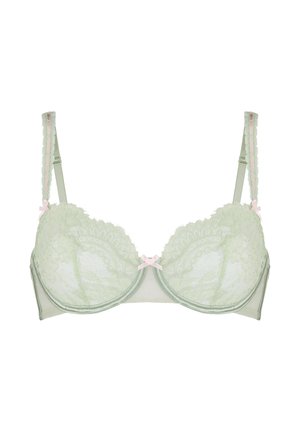 Hellgrüner Spitzen-BH mit Bügel, wellenförmigen Rändern, verstellbaren Trägern und kleinen rosa Schleifenakzenten an den Trägern und in der Mitte.