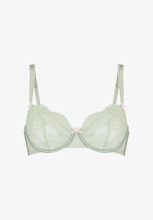 Hellgrüner Spitzen-BH mit Bügel, wellenförmigen Rändern, verstellbaren Trägern und kleinen rosa Schleifenakzenten an den Trägern und in der Mitte.
