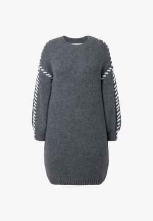 Grijze wollen sweaterdress met lange mouwen, voorzien van witte gevlochten details op de armen en een geribde halslijn en zoom. Normale pasvorm.