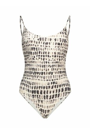 Maillot de bain une pièce avec fines bretelles et motif abstrait en grille noir et blanc sur le tissu.