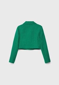 Grön strukturerad kort blazer med långa ärmar, formade sömmar och krage, visad bakifrån mot en neutral bakgrund.