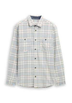 Lange mouwen, geruite blouse in lichtblauw, wit en grijs. Heeft twee borstzakken, zwarte knopen en een ingeplooide kraag. Gemaakt van katoen.