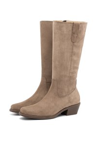 Botas altas de ante en color topo con una punta ligeramente afilada y un tacón bajo apilado. Presentan una textura suave y acentos de diseño minimalista.