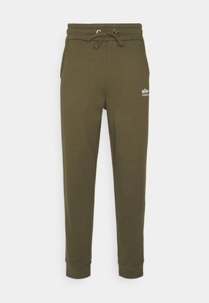 Olive green jogger pants made of cotton blend, featuring an elastic waistband with drawstring, side pockets, and ribbed cuffs.