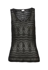 Top in maglia nera senza maniche con scollatura a V, caratterizzato da un motivo a traforo e strisce orizzontali con ritagli circolari su tutta la superficie.