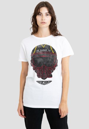 White t-shirt featuring a graphic of a helmet in black and red with "H NGM N" text and a "Top Gun Maverick" logo at the bottom.