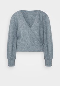 Ljust blått kort sweater med V-hals, långa puffärmar och ett texturerat stickmönster. Ribbad ärm- och nederkant.