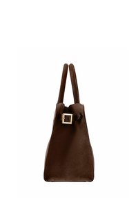 Brązowa torba z zamszu o usztywnionym kształcie, wyposażona w dwa górne uchwyty i kwadratową klamrę w złotym odcieniu. Fakturowana powierzchnia podkreśla atrakcyjność wizualną.