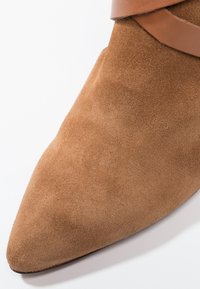 Bottine en daim marron avec un nez pointu, dotée d'une large sangle en cuir marron sur le dessus, mettant en valeur la texture douce.