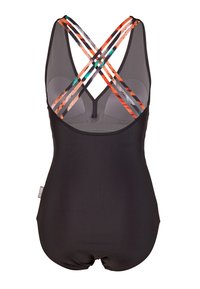 Maillot de bain une pièce noir avec des bretelles croisées colorées en rouge, orange et vert. Texture lisse et design ajusté, idéal pour la baignade.