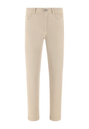 Pantaloni beige aderenti con tasche frontali, passanti per cintura e chiusura con bottone impreziosito da un piccolo dettaglio metallico con logo.