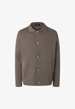 Braun melierte Wolljacke mit Kragen, durchgehender Knopfleiste und zwei seitlichen Taschen. Die strukturierte Oberfläche und die abgerundeten Kanten verleihen dem Design eine besondere Note.