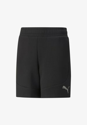 Sorte atletikshorts lavet af blødt stof med elastik i taljen, sidelommer og et reflekterende Puma-logo nederst til venstre.