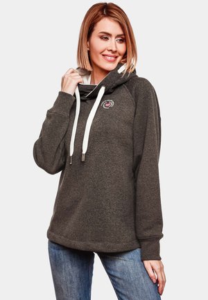 Dark gray sweatshirt with a high neck, drawstrings, and a front logo detail. Soft fabric, relaxed fit, and ribbed cuffs.