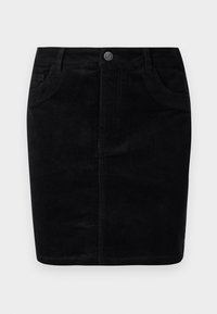 Mini-jupe en velours côtelé noire avec poches avant, passants pour ceinture et fermeture à bouton à la taille sur un fond clair.