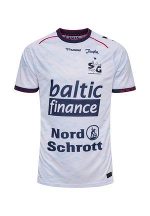 Hvid sports T-shirt med korte ærmer med marineblå og rød kant, med logoer, tekst "baltic finance," "Nord Schrott," og et lille teamemblem.