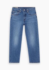 Jean en denim bleu droit avec cinq poches, rivets en cuivre, fermeture par bouton et détails légèrement délavés sur les cuisses et les genoux à l'avant.