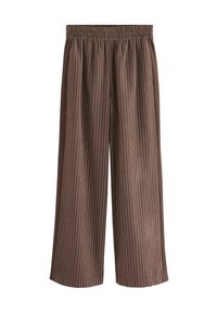 Wijdvallende broek in donkerbruin met smalle verticale strepen. Voorzien van een elastische tailleband en een gladde, textuurstof voor comfort.
