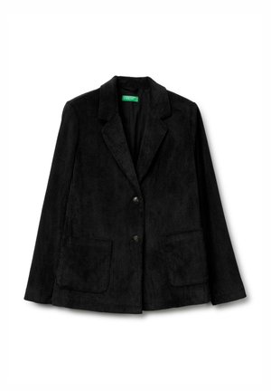 Zwarte corduroy blazer met een geknipt kraag, twee vo pockets en een sluiting met twee knopen. Gelaagd weefsel met verticale ribbel details.
